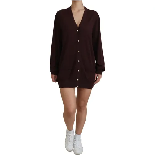 Maroon Wool Knit Deep V-neck Cardigan Sweater , female, Sizes: XS - Dolce & Gabbana - Modalova