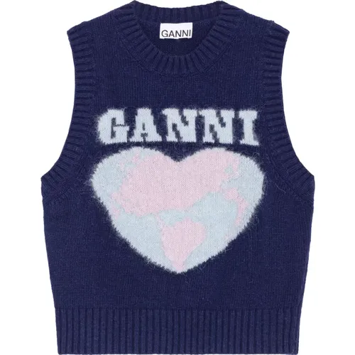 Blauer Intarsia-Strickpullover , Damen, Größe: S - Ganni - Modalova