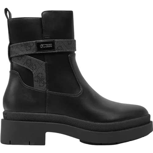 Schwarze Ledermodestiefel mit Monogramm-Druck , Damen, Größe: 36 EU - Guess - Modalova