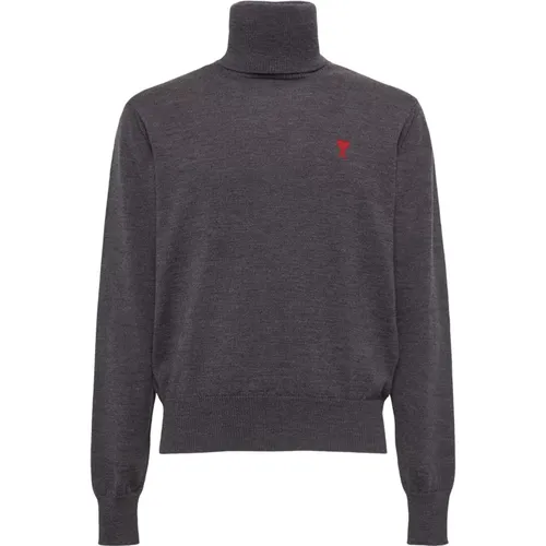 Grauer Strickpullover Herz Motiv , Herren, Größe: M - Ami Paris - Modalova