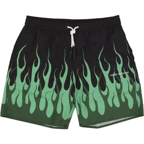 Flames Swim Shorts Black/Green , male, Sizes: XL, L - Vision OF Super - Modalova