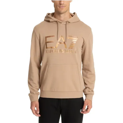 Drawstring Patterned Logo Pocket Hoodie , male, Sizes: L, XL, M, S - Emporio Armani EA7 - Modalova