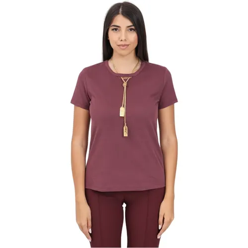 Burgunder T-Shirt mit Halskette,Baumwoll-Jersey Kurzarm Halskette T-Shirt - Elisabetta Franchi - Modalova