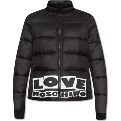 Schwarze Nylon Daunenjacke mit Logo-Print , Damen, Größe: M - Love Moschino - Modalova