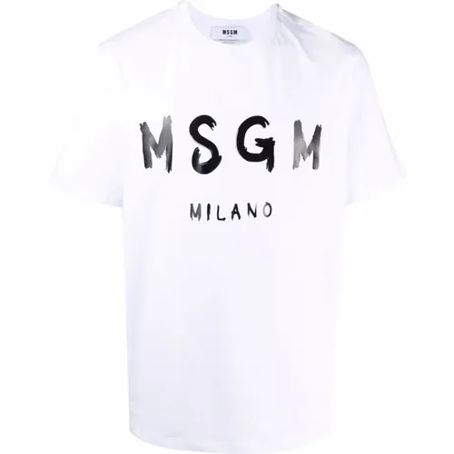 Logo-Print T-Shirt aus weißer/schwarzer Baumwolle , Herren, Größe: M - Msgm - Modalova