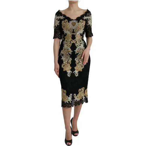 Cotton Midi Dress with Floral Lace , female, Sizes: S - Dolce & Gabbana - Modalova