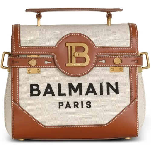 Ecru Canvas B-Buzz 23 Tasche mit braunen Lederpaneelen, B-Buzz 23 Tasche in Braun - Balmain - Modalova