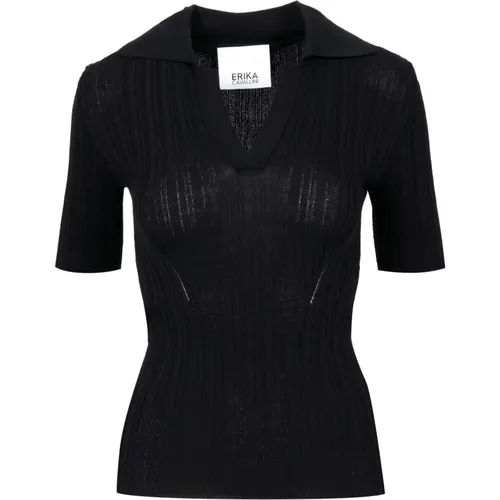Schwarzes Baumwoll V-Ausschnitt Poloshirt , Damen, Größe: L - Erika Cavallini - Modalova