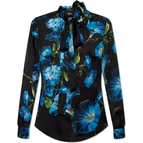 Silk shirt with floral motif , female, Sizes: L - Dolce & Gabbana - Modalova