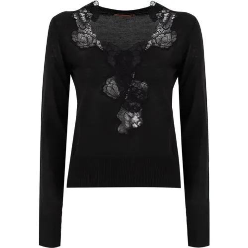 Floral Lace V-Neck Knit Sweater , female, Sizes: L, M, S - Ermanno Scervino - Modalova