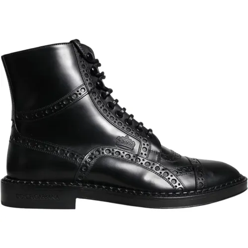 Schwarze Lederstiefel mit Logo - Dolce & Gabbana - Modalova