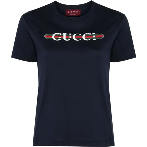 Blau Logo Print Crew Neck T-shirt - Gucci - Modalova