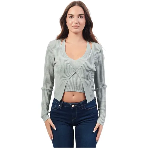 Gerippter V-Ausschnitt Cardigan Pullover , Damen, Größe: S - Guess - Modalova