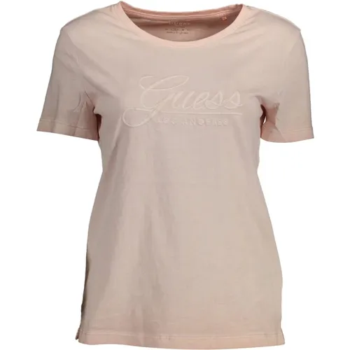 Rosa Baumwoll T-Shirt mit Stickerei , Damen, Größe: L - Guess - Modalova