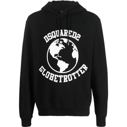 Schwarzer Globetrotter Logo-Print Hoodie , Herren, Größe: L - Dsquared2 - Modalova