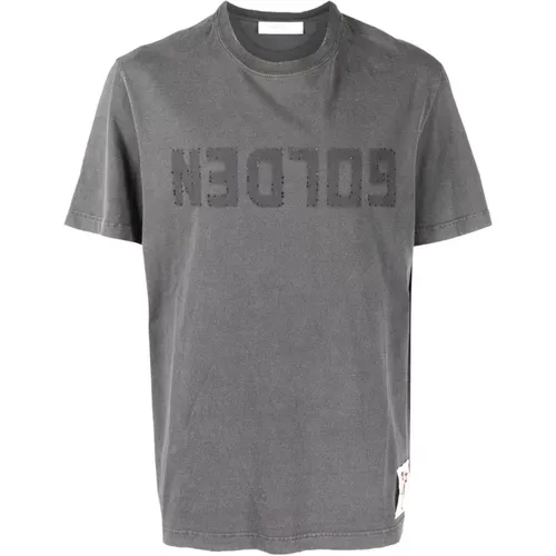Distressed Grey Cotton T-shirt with Perforated Logo , male, Sizes: M - Golden Goose - Modalova