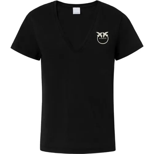 Kurzarm V-Ausschnitt Logo-T-Shirt , Damen, Größe: M - pinko - Modalova