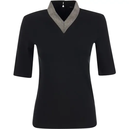 Elegantes V-Ausschnitt T-Shirt mit glänzendem Band , Damen, Größe: XL - Fabiana Filippi - Modalova