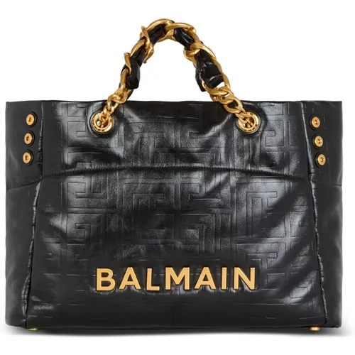 Soft tote bag in embossed crackled calfskin with a PB Labyrinth monogram , female, Sizes: ONE SIZE - Balmain - Modalova