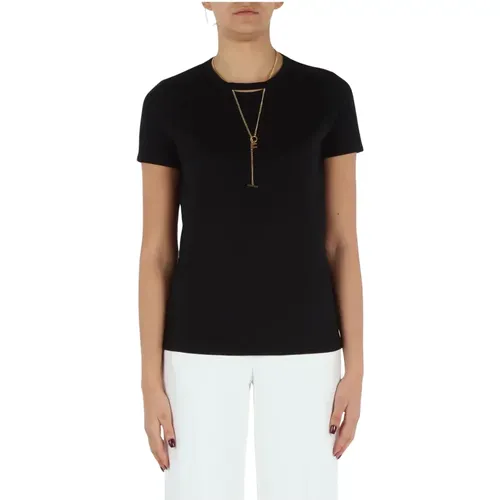 Cotton T-shirt with Necklace Logo Detail , female, Sizes: S, M, XS, L - Elisabetta Franchi - Modalova