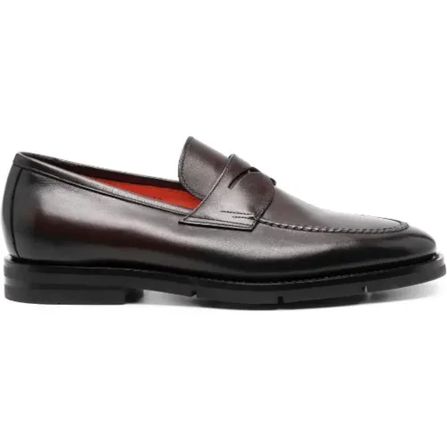 Burgundy Almond-Toe Leather Penny Loafers , male, Sizes: 7 UK - Santoni - Modalova