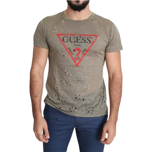 Braunes Baumwoll-Stretch-T-Shirt , Herren, Größe: XL - Guess - Modalova