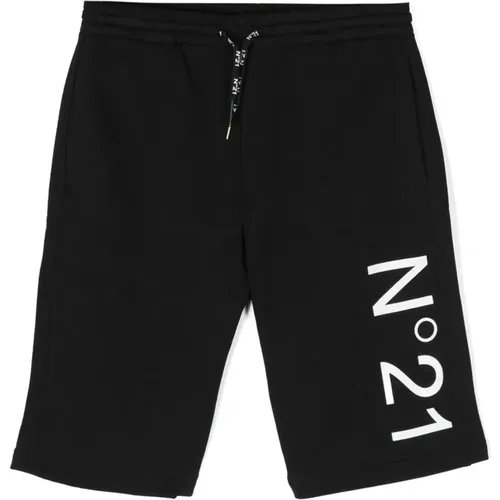 Schwarze Baumwoll-Logo-Print-Shorts,Fleece-Shorts mit Logo - N21 - Modalova