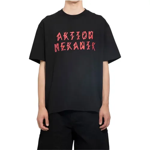 Schwarzes Jersey-T-Shirt mit Aktion Mekanik-Druck , Herren, Größe: XS - 44 Label Group - Modalova