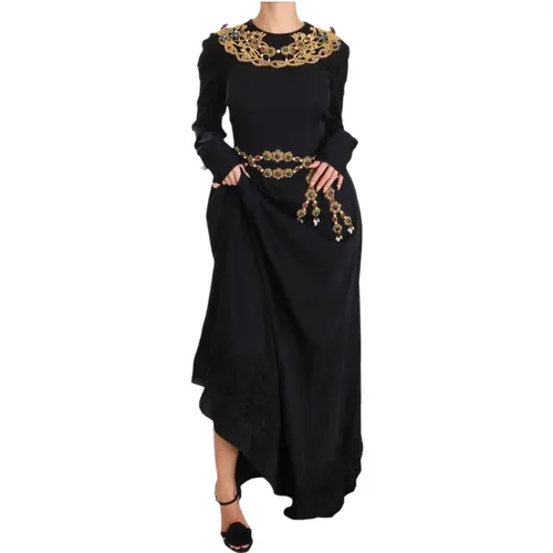 Schwarzes Seiden Stretch Gold Kristall Kleid - Dolce & Gabbana - Modalova