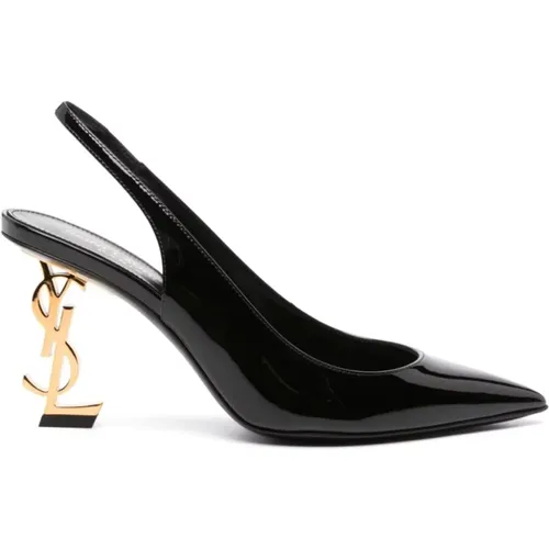 Patent Slingback Pumps with Gold Logo , female, Sizes: 6 UK, 7 UK, 4 UK, 5 1/2 UK, 3 UK, 4 1/2 UK - Saint Laurent - Modalova