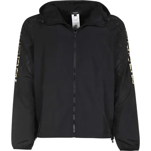 Schwarze Jacke mit Perforiertem Detail und Kordelzugkapuze - Versace - Modalova