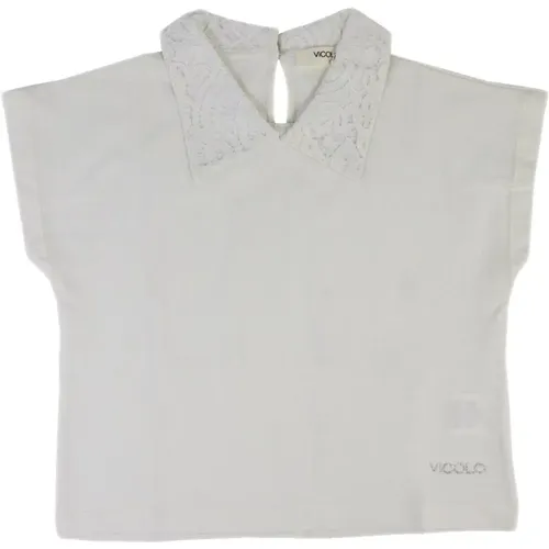 Panna Baumwoll T-Shirt mit Spitzenkragen - ViCOLO - Modalova
