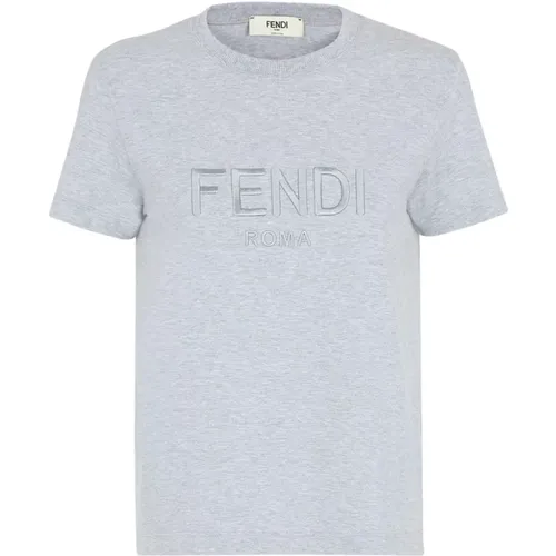 Grey Logo Embroidered Crew Neck T-shirt , female, Sizes: M, XS, S, L - Fendi - Modalova