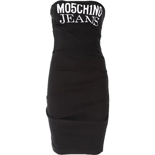 Schulterfreies Baumwollkleid mit geripptem Logodruck , Damen, Größe: M - Moschino - Modalova