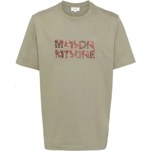 Embroidered Logo T-Shirt in Grainy , male, Sizes: S, M - Maison Kitsuné - Modalova