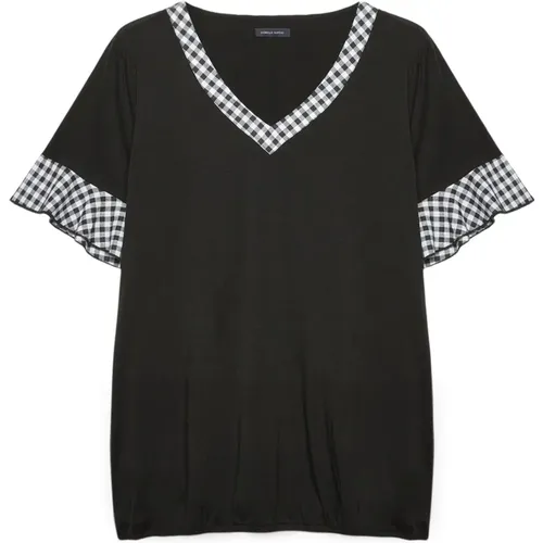 Vichy-Bordüren Tencel™ T-Shirt , Damen, Größe: L - Fiorella Rubino - Modalova