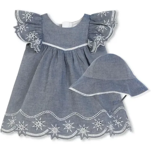 Blaues Baumwollärmelloses Kleid Falten Rücken Reißverschluss,Blaues Denim Babykleid mit Bestickten Ärmeln - Chloé - Modalova
