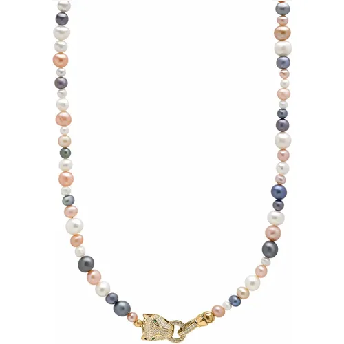 Multi-Colored Pearl Necklace with Gold Plated Panther Head Lock - Nialaya - Modalova