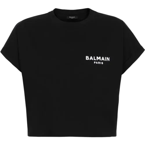 Cropped Logo T-Shirt , Damen, Größe: L - Balmain - Modalova