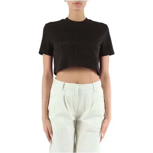 Gekürztes Baumwolle Viskose T-shirt , Damen, Größe: XS - Calvin Klein Jeans - Modalova