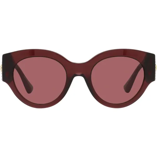 Runde Sonnenbrille mit dunkellila Linse und rotem Rahmen , unisex, Größe: 52 MM - Versace - Modalova