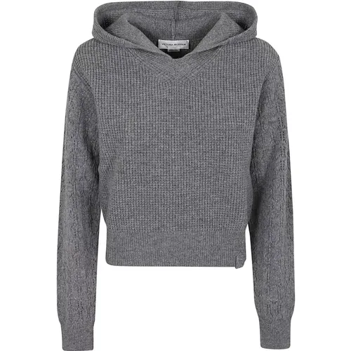 Grey Hooded Sweater with Pointelle Motif , female, Sizes: L, S, M - Victoria Beckham - Modalova