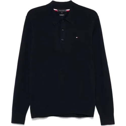 Blau Gestricktes Poloshirt Bestickt , Herren, Größe: XL - Tommy Hilfiger - Modalova