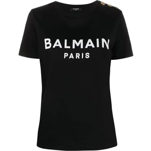 Logo-Print T-Shirt mit Geprägten Knöpfen , Damen, Größe: M - Balmain - Modalova