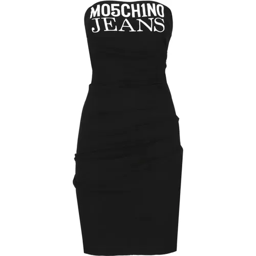 Schwarze Kleider Gerader Ausschnitt Ärmellos Logo - Moschino - Modalova