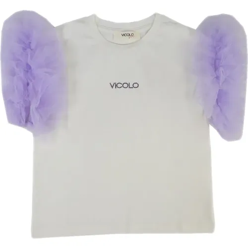 Tüllärmel T-Shirt in Creme , Damen, Größe: 164 CM - ViCOLO - Modalova
