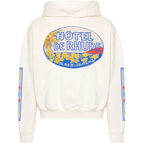 Ivory Cotton Jersey Hoodie with Hotel Print , male, Sizes: XL, S - Rhude - Modalova