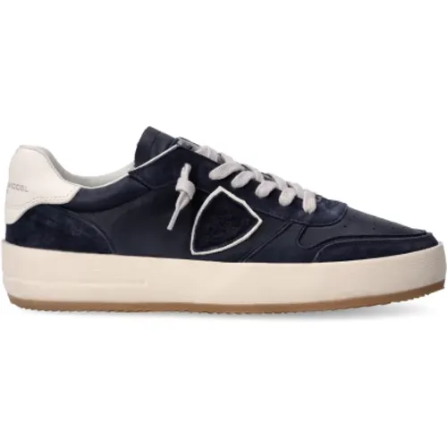 Vintage-inspirierte Low-Top-Blaue Sneakers , Herren, Größe: 42 EU - Philippe Model - Modalova