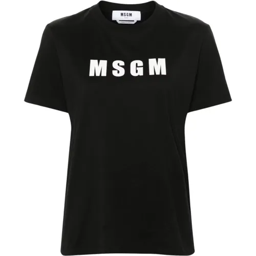 Schwarzes T-Shirt mit Logo-Print und Rundhalsausschnitt , Damen, Größe: S - Msgm - Modalova