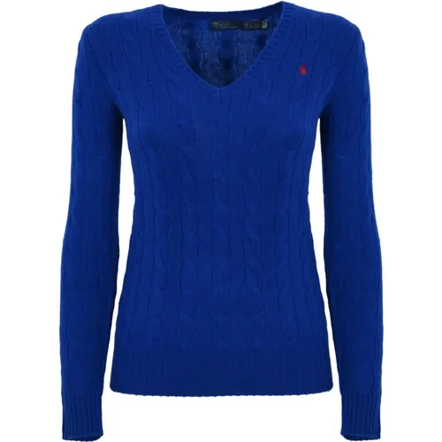 Blaue Geflochtene Strickjacke mit V-Logo , Damen, Größe: XS - Polo Ralph Lauren - Modalova